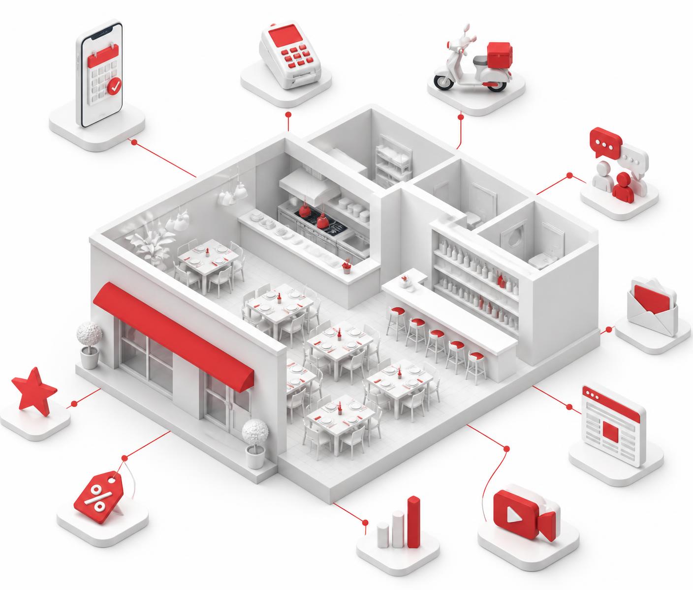 Isometric model of a venue connected to reservations, POS, delivery, community, newsletter, website, marketing, analytics and offers